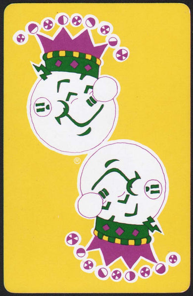 Vintage playing card REDDY KILOWATT yellow background Reddy in a jesters hat