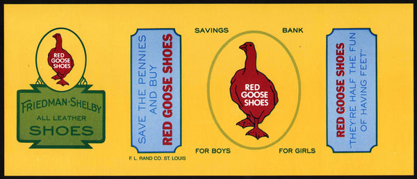 Vintage label RED GOOSE SHOES Savings Bank goose pictured F L Rand St Louis n-mint+