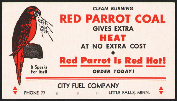 Vintage ink blotter RED PARROT COAL bird pictured Little Falls Minnesota n-mint