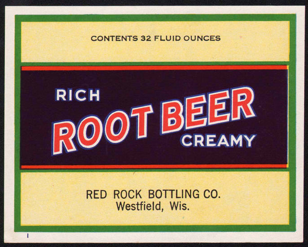 Vintage soda pop bottle label RED ROCK ROOT BEER Westfield Wisconsin unused n-mint