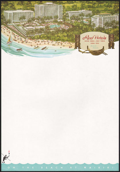 Vintage letterhead REEF HOTELS beach scene Waikiki Hawaii new old stock n-mint+