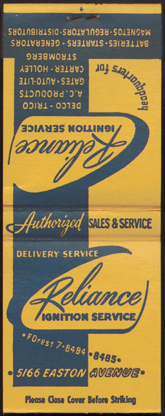 Vintage full matchbook RELIANCE IGNITION SERVICE Delco Trico Holley Easton PA