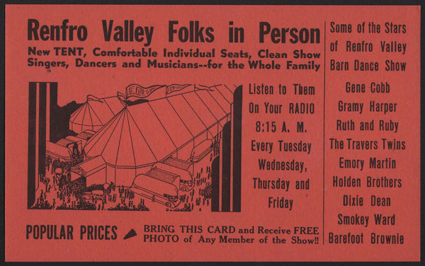 Vintage mailing card RENFRO VALLEY FOLKS Radio Stars red Kentucky unused n-mint+