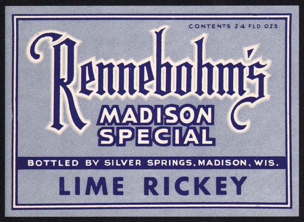 Vintage soda pop bottle label RENNEBOHMS LIME RICKEY Madison Wisconsin unused