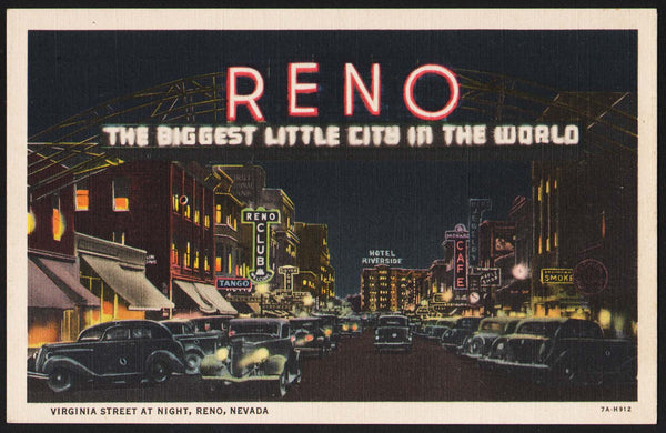 Vintage postcard RENO Virginia Street at Night Reno Nevada linen unused condition