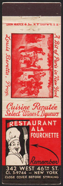 Vintage matchbook cover RESTAURANT A LA FOURCHETTE with a chef pictured New York