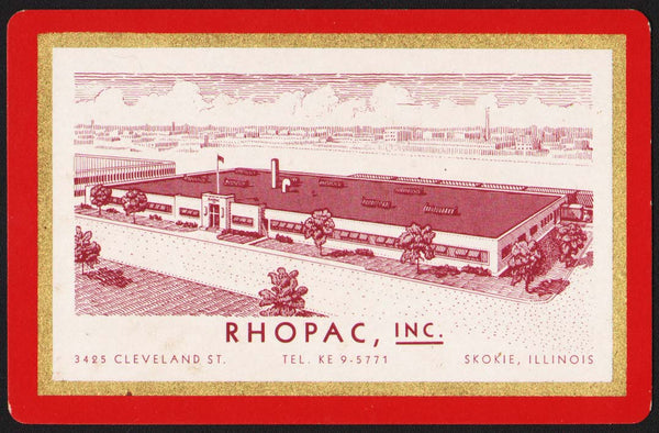 Vintage playing card RHOPAC INC building pictured Tel KE 9-5771 Skokie Illinois