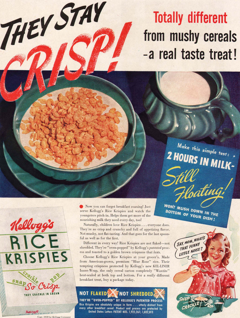 Vintage magazine ad KELLOGGS RICE KRISPIES from 1939 They stay crisp t ...