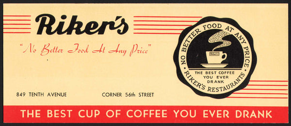 Vintage ink blotter RIKERS RESTAURANTS No Better Food At Any Price New York