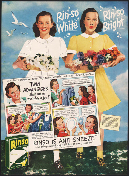 Vintage magazine ad RINSO detergent soap from 1945 The O'Rourke Twins pictured