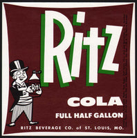 Vintage soda pop bottle label RITZ COLA St Louis Missouri unused new old stock
