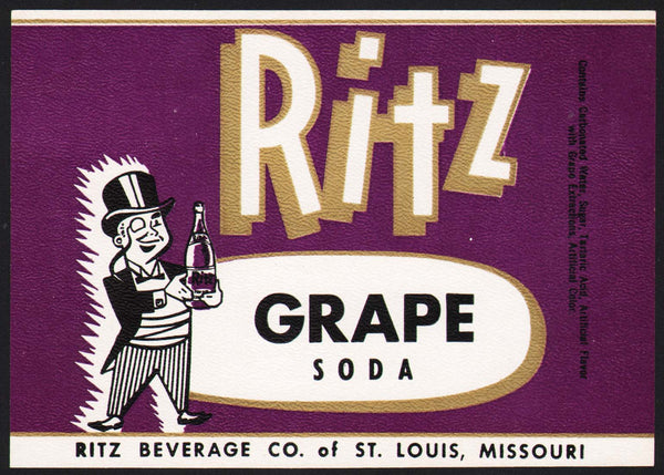 Vintage soda pop bottle label RITZ GRAPE small size St Louis Missouri unused