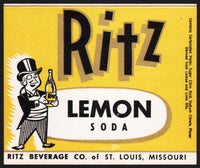 Vintage soda pop bottle label RITZ LEMON SODA man in top hat St Louis Missouri