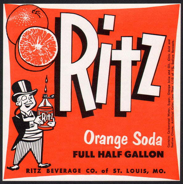Vintage soda pop bottle label RITZ ORANGE SODA St Louis Missouri new old stock