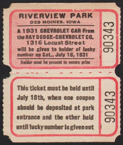 Vintage ticket RIVERVIEW PARK Des Moines Iowa 1931 Chevrolet giveaway n-mint+