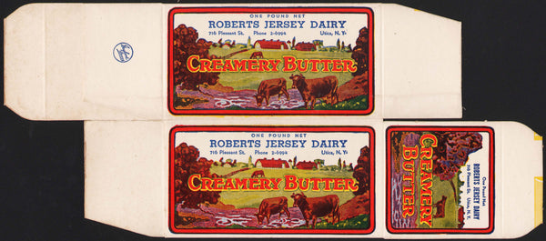 Vintage box ROBERTS JERSEY DAIRY CREAMERY BUTTER cows farm scene Utica New York