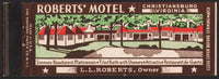 Vintage matchbook cover ROBERTS MOTEL full length picture Christiansburg Virginia