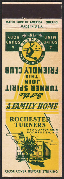 Vintage matchbook cover ROCHESTER TURNERS Friendly Club Rochester New York