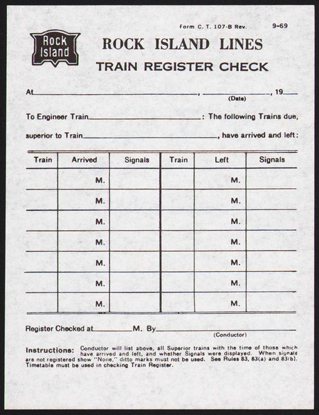 Vintage form ROCK ISLAND LINES railroad Train Register Check new old stock n-mint+