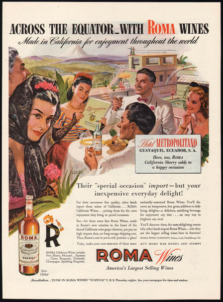 Vintage magazine ad ROMA WINES 1944 Clark Agnew artwork of Hotel Metropolitano