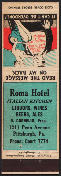 Vintage matchbook cover ROMA HOTEL Italian Kitchen D Cornelio Prop Pittsburgh PA