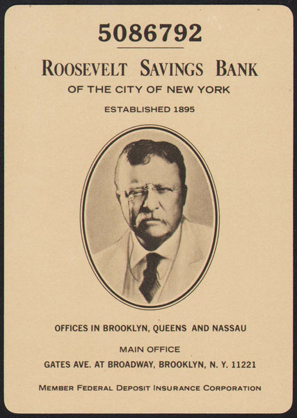 Vintage playing card ROOSEVELT SAVINGS BANK Teddy Roosevelt pictured Brooklyn NY
