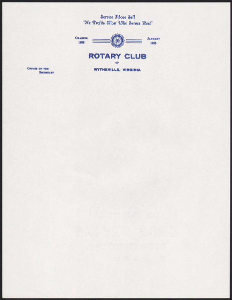 Vintage letterhead ROTARY CLUB January 1925 Wytheville Virginia unused n-mint+