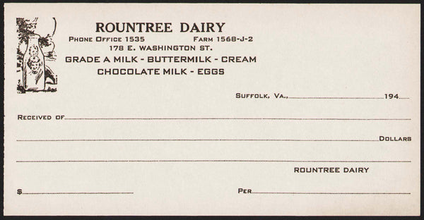 Vintage receipt ROUNTREE DAIRY milk bottle with girl and baby Suffolk Virginia