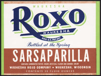 Vintage soda pop bottle label ROXO SARSAPARILLA Waukesha Wisconsin unused n-mint+