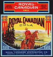 Vintage soda pop bottle label ROYAL CANADIAN COLA Mountie pictured Chicago n-mint+