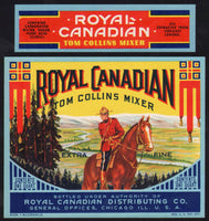Vintage soda pop bottle label ROYAL CANADIAN TOM COLLINS Mountie picture Chicago