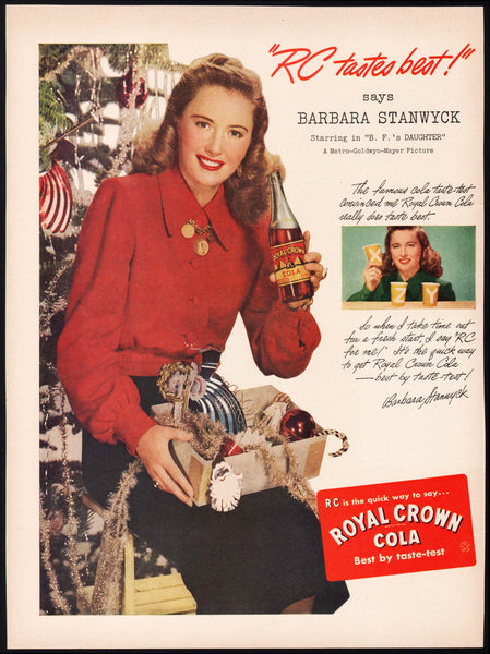 Vintage magazine ad ROYAL CROWN COLA 1947 Barbara Stanwyck says RC tastes best
