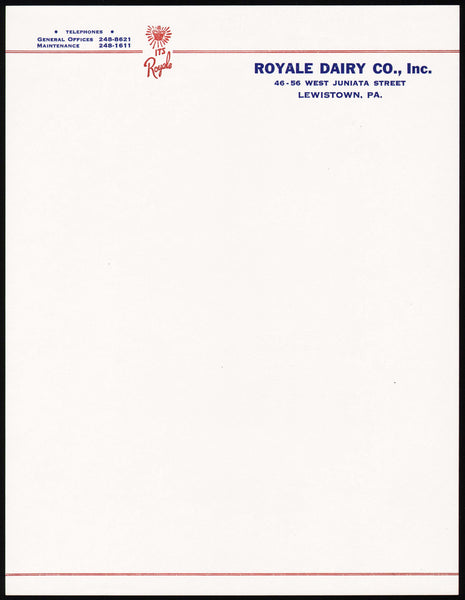 Vintage letterhead ROYALE DAIRY CO Lewistown Pennsylvania new old stock n-mint+