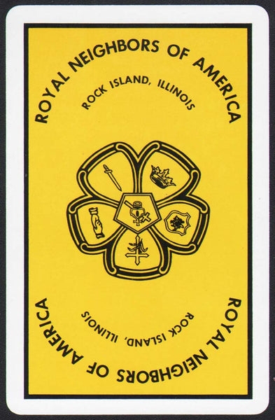 Vintage playing card ROYAL NEIGHBORS OF AMERICA yellow background Rock Island IL