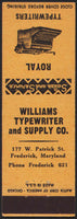 Vintage matchbook cover ROYAL TYPEWRITERS with picture Williams Frederick Maryland