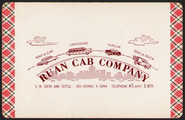 Vintage playing card RUAN CAB COMPANY picturing various vehicles Des Moines Iowa