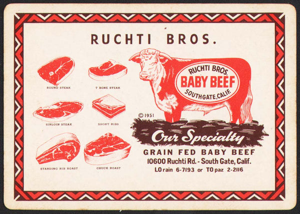 Vintage playing card RUCHTI BROS Baby Beef bull pictured 1951 South Gate California