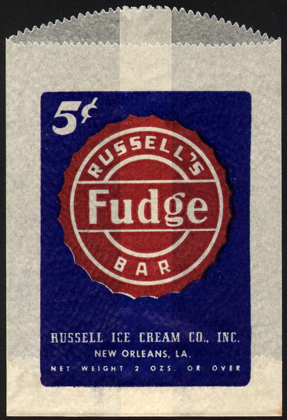 Vintage bag RUSSELLS FUDGE BAR 5 cents Russell Ice Cream New Orleans LA n-mint