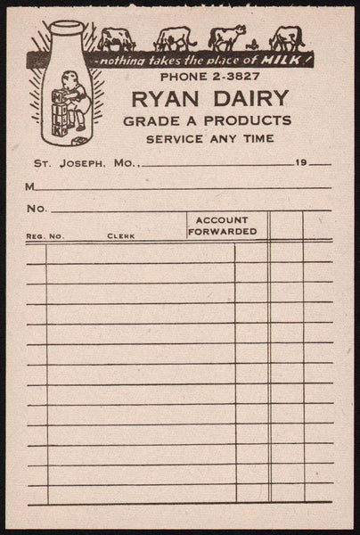 Vintage receipt RYAN DAIRY milk bottle and cows St Joseph Missouri unused n-mint+