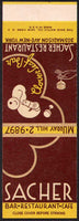 Vintage matchbook cover SACHER RESTAURANT Bar Cafe New York NY salesman sample