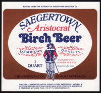 Vintage soda pop bottle label SAEGERTOWN BIRCH BEER Aristocrat man pictured PA