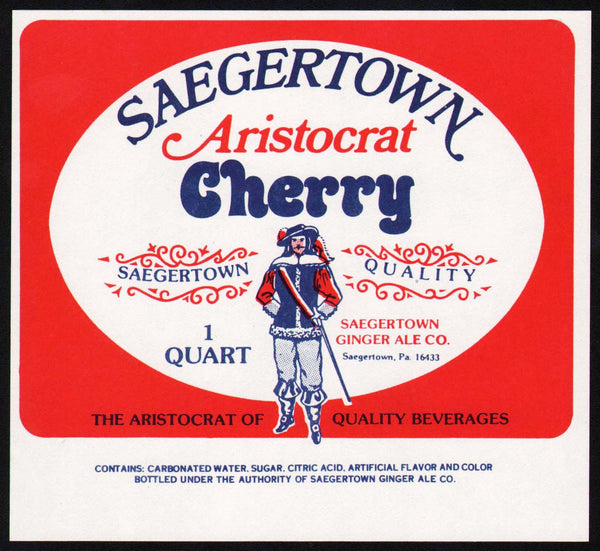 Vintage soda pop bottle label SAEGERTOWN CHERRY Aristocrat man pictured PA n-mint+