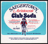 Vintage soda pop bottle label SAEGERTOWN CLUB SODA Aristocrat man pictured PA