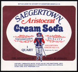 Vintage soda pop bottle label SAEGERTOWN CREAM SODA Aristocrat man pictured PA