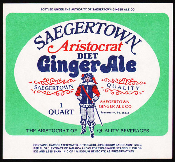 Vintage soda pop bottle label SAEGERTOWN DIET GINGER ALE Aristocrat man pictured PA