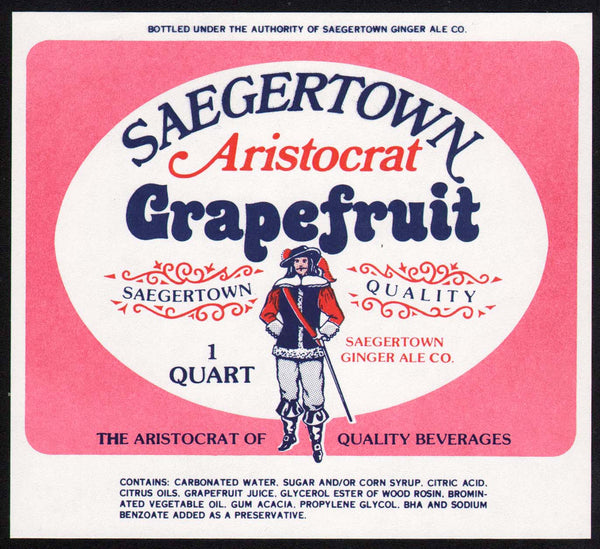 Vintage soda pop bottle label SAEGERTOWN GRAPEFRUIT Aristocrat man pictured PA