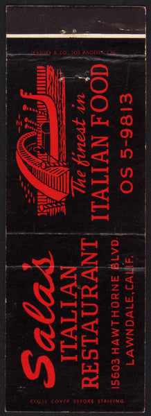 Vintage matchbook cover SALAS ITALIAN RESTAURANT full length Lawndale California
