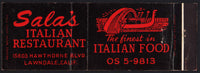 Vintage matchbook cover SALAS ITALIAN RESTAURANT full length Lawndale California