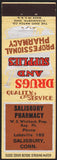 Vintage matchbook cover SALISBURY PHARMACY Whitbeck mortar pestle Connecticut