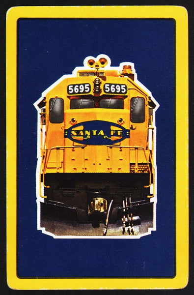 Vintage playing card SANTA FE railroad blue background with a train pictured